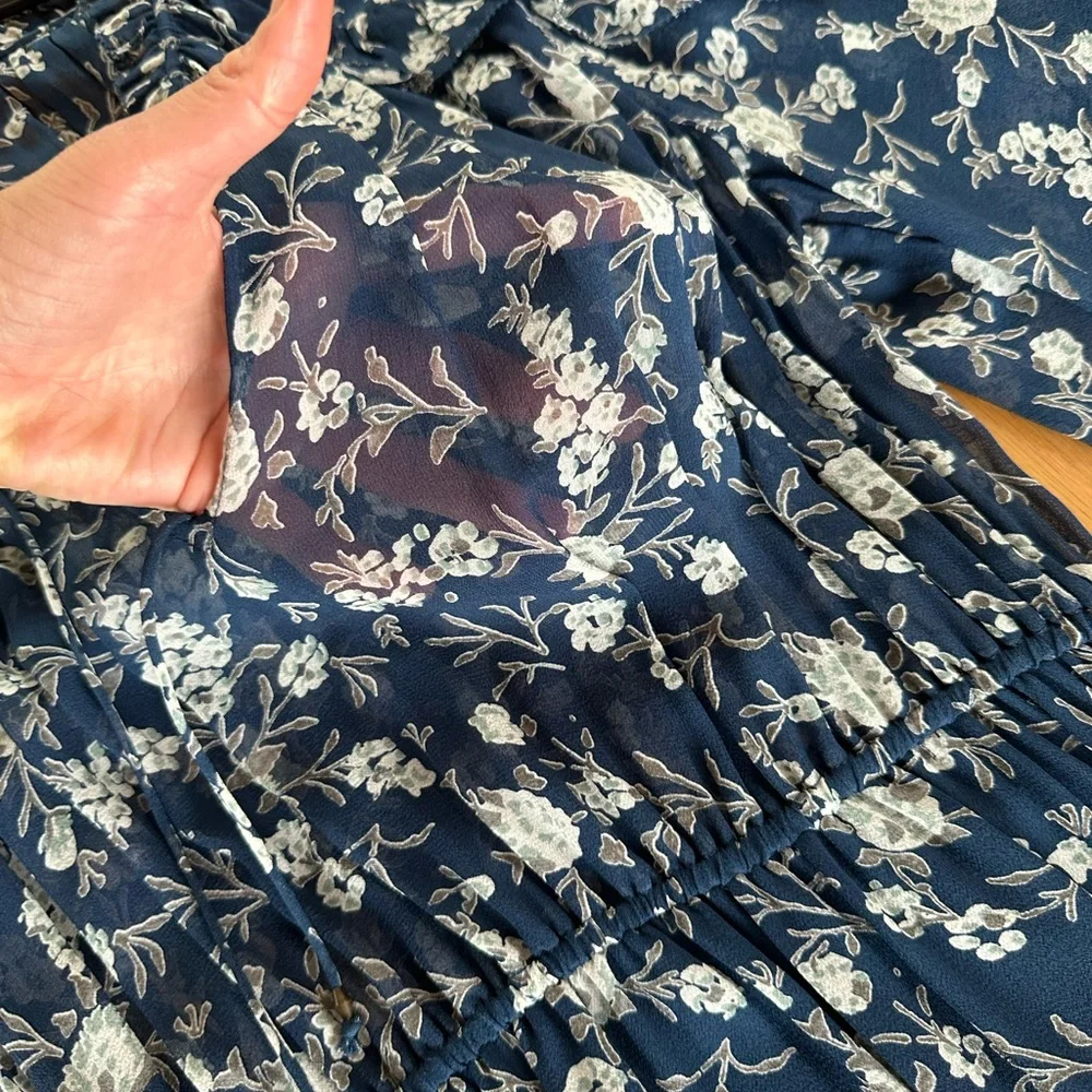 Ulla Johnson - Navy Floral Silk Ruffle Long Sleeve Dress - 4/S - Picture 5 of 9